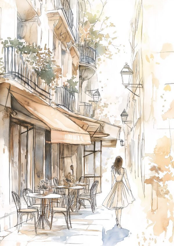 Paseo encantador por la calle con terraza y mesas
