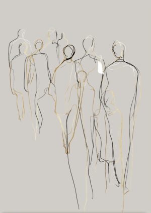 Siluetas caminando en líneas doradas