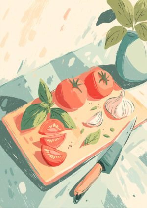 Tabla de Corte con Tomates y Ajo