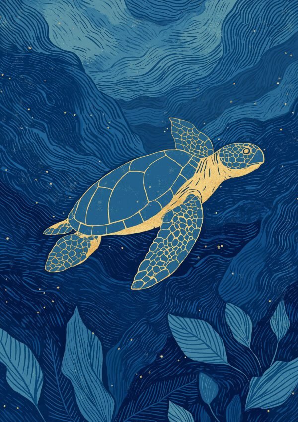 Tortuga dorada en el océano profundo